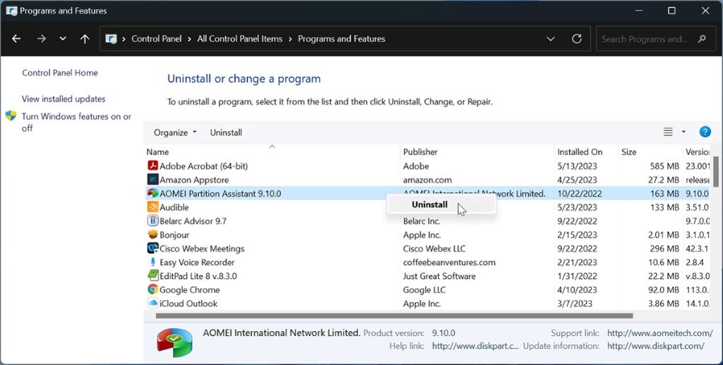 Computer screen showing Windows Control Panel with program removal interface for uninstalling unwanted software