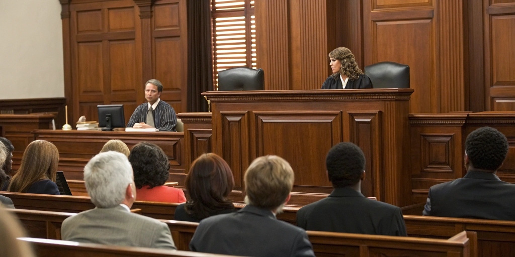 Courtroom illustration symbolizing the trial process, highlighting key stages from jury selection to the final verdict.