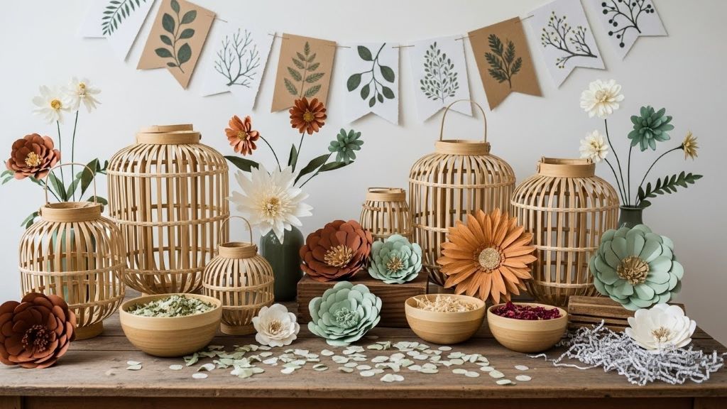 Sustainable party decorations made from natural bamboo and recycled paper materials arranged on wooden table