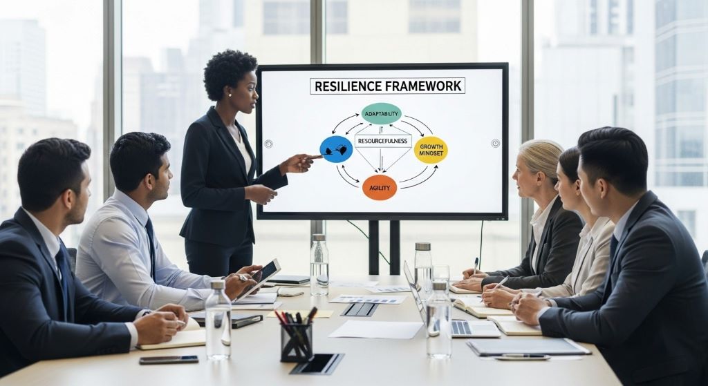 Diverse leadership team collaborating during strategic planning session with resilience framework displayed