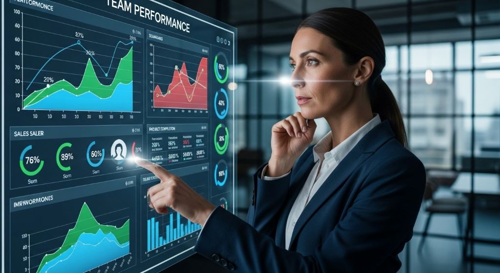 Leader contemplating strategy while reviewing team performance metrics on digital dashboard