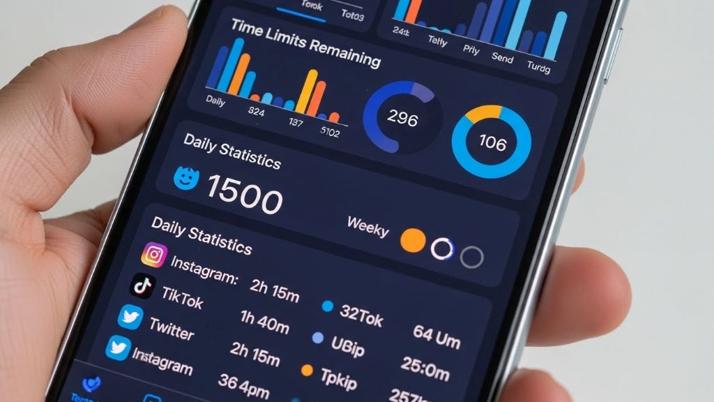 Mobile phone screen displaying social media usage tracking dashboard with time limits and daily statistics