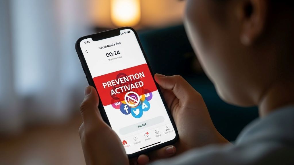 Person using smartphone with app blocking notification displayed on screen showing social media prevention tool