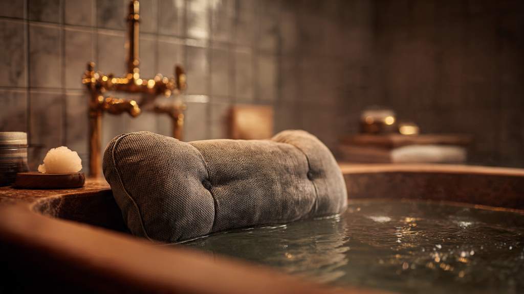 Close-up of a luxurious bath pillow cradling a neck in a steamy tub for relaxation.
