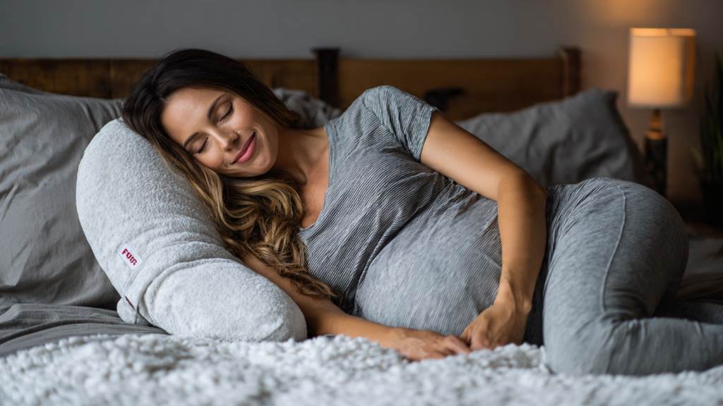 Cozy U-shaped third trimester pillow cradling a pregnant woman's belly for side sleep support.