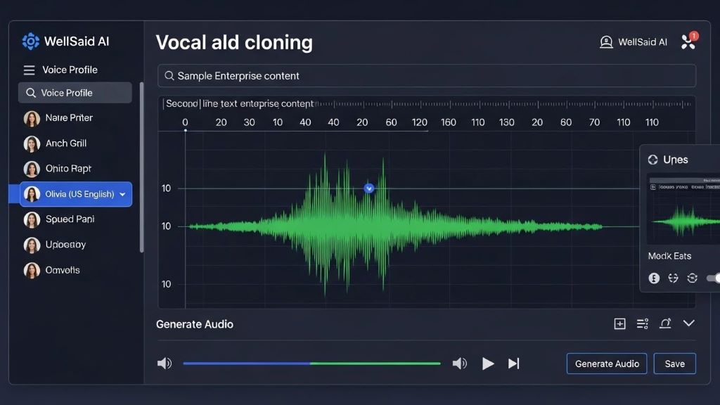 WellSaid AI vocal cloning interface showing voice profile selection and audio waveform generation for enterprise content creation