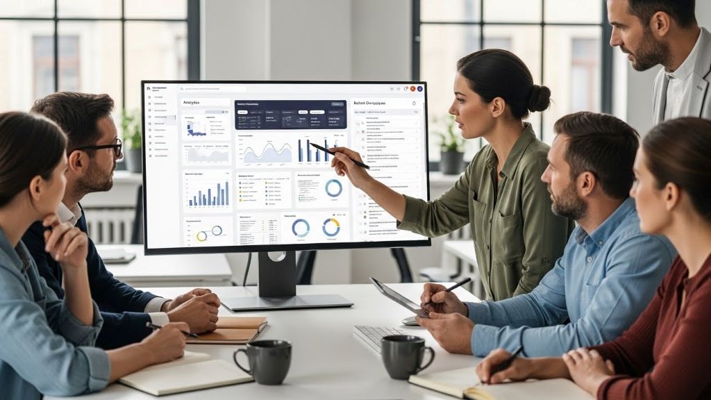 Enterprise team conducting usability study on integrated marketing platform dashboard with analytics and workflow tools