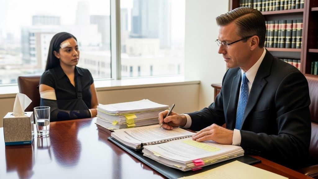 Attorney reviewing car accident case documents with injured client in office consultation
