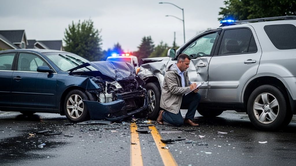 Car accident scene with damaged vehicles and insurance adjuster inspecting damage