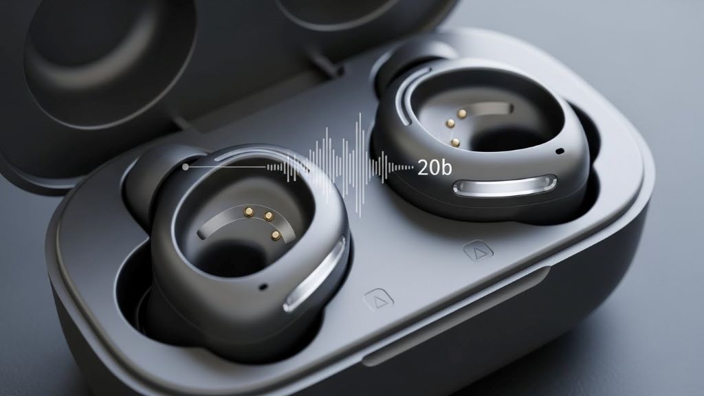Close-up of wireless earbuds with ear-health monitoring sensors and volume limiting technology protecting user hearing