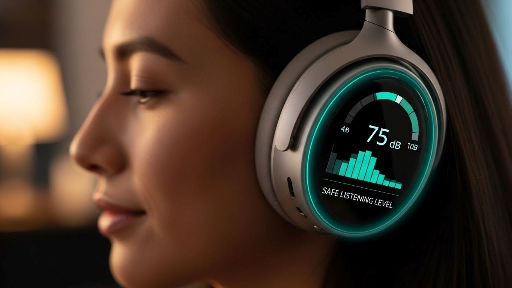 Person wearing modern headphones with health monitoring display showing safe listening levels and decibel measurements