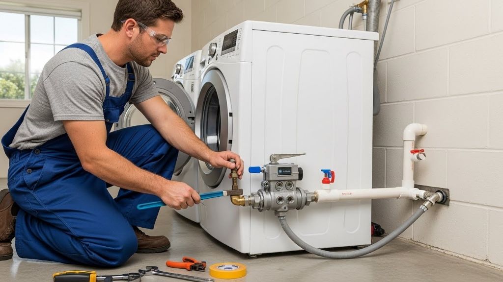 Professional plumber installing greywater diversion valve connecting washing machine to landscape irrigation system
