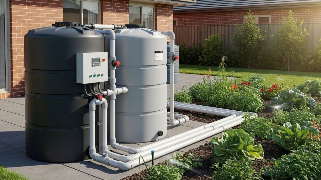 Residential greywater recycling system with filtration tanks and distribution pipes installed in backyard