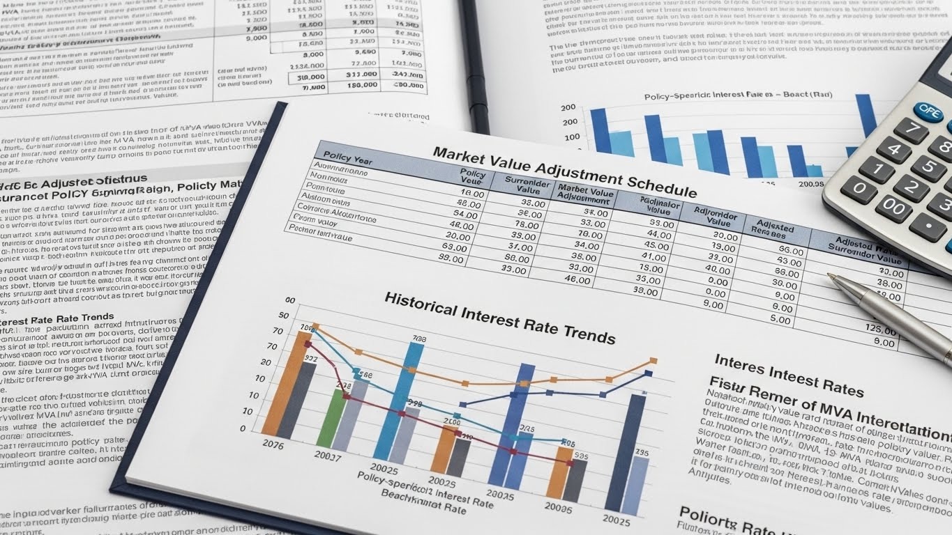Insurance policy documents showing market value adjustment calculations and interest rate comparisons