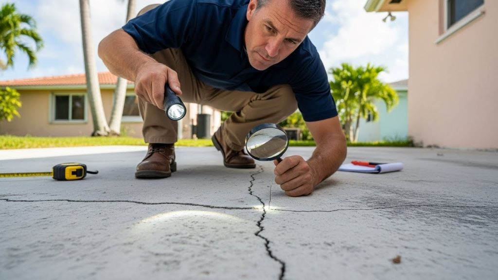 Foundation inspector examining cracks in Miami Gardens home concrete slab during professional evaluation