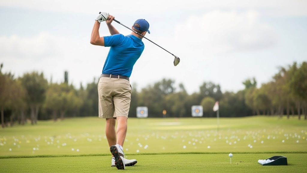 Beginner golfer practicing proper weight transfer technique on driving range with step-through motion