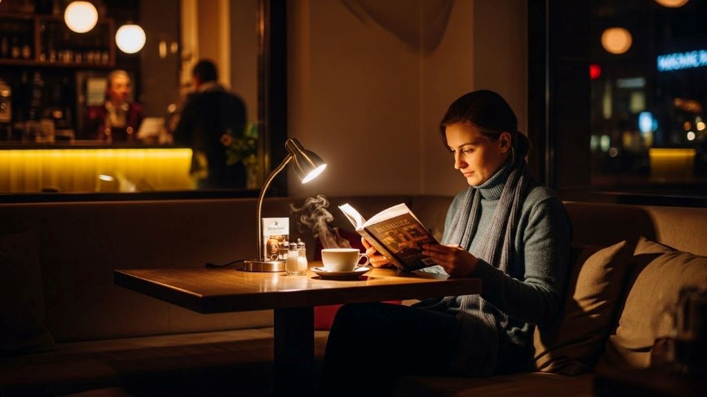 Comfortable corner booth in night cafe with person reading under ambient lighting