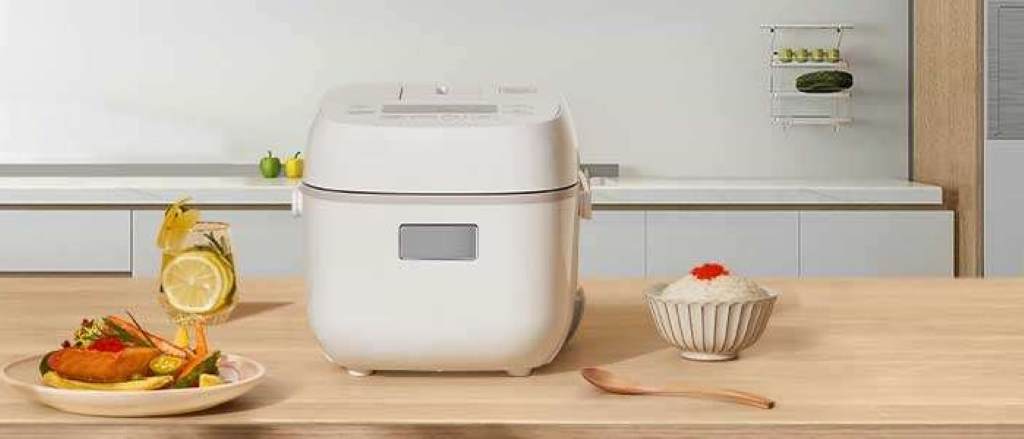 small Toshiba rice cooker in modern apartment kitchen setting