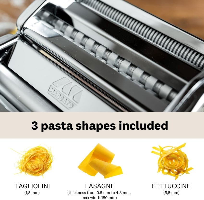 Marcato Atlas 150 pasta maker with fresh pasta sheets ready to cook