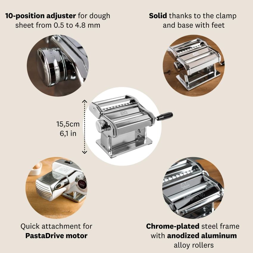 Close-up of Marcato Atlas 150 showing pasta rollers and cutter attachments