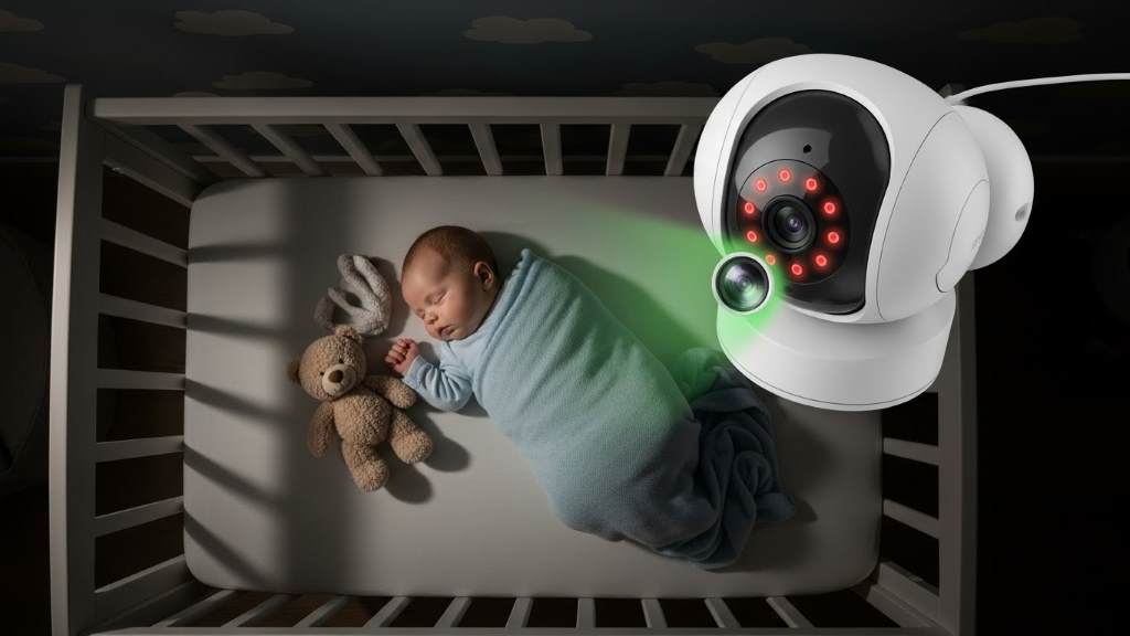 Overhead view of a modern baby monitor camera with infrared night vision LEDs activated in a dark nursery