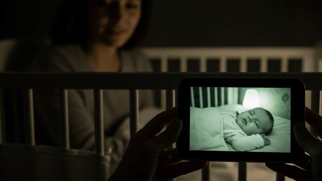 Parent viewing a clear night vision baby monitor screen showing a sleeping infant in a crib