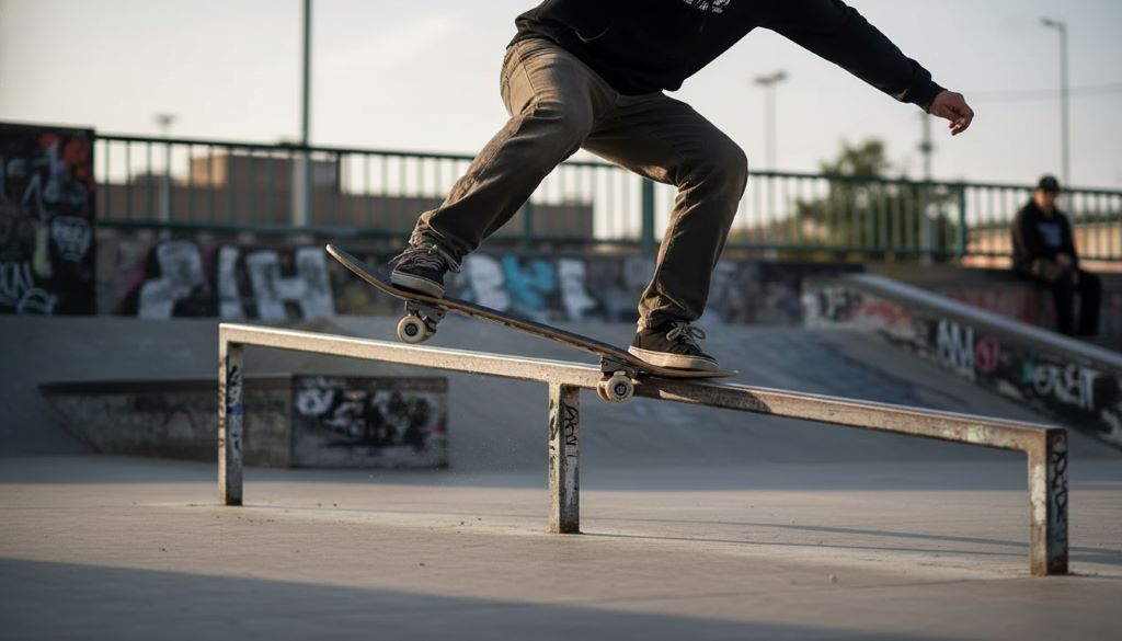 Skateboarder performing a smooth 50-50 grind on a metal rail using Independent Stage 11 trucks