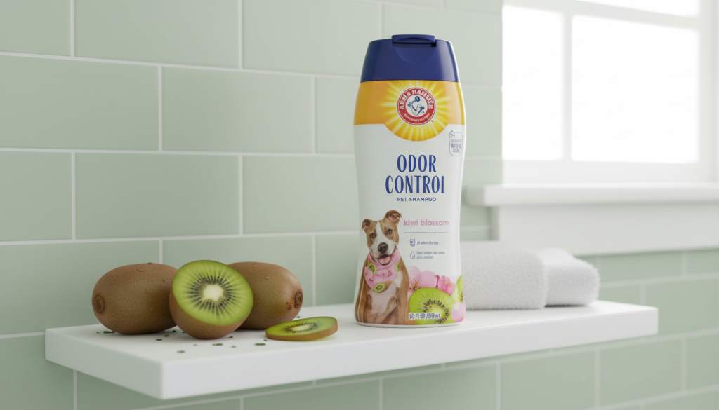 Vibrant bottle of Arm & Hammer Kiwi Blossom Dog Shampoo on a bathroom shelf with fresh kiwi fruits nearby
