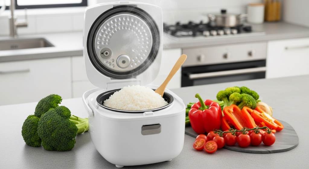 Compact small rice cooker with fluffy white rice on a modern kitchen counter next to fresh vegetables