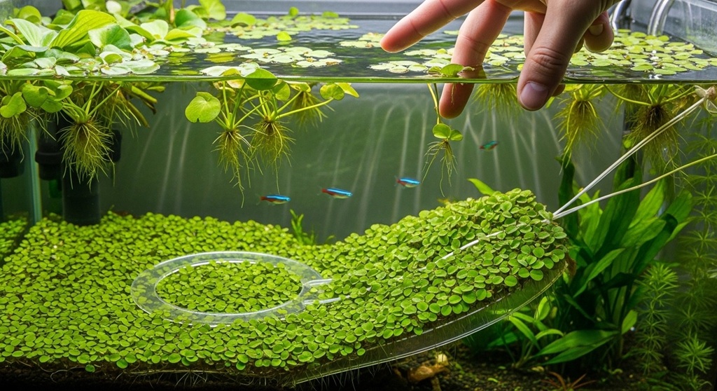 Amazon Frogbit and Salvinia floating plants in freshwater aquarium