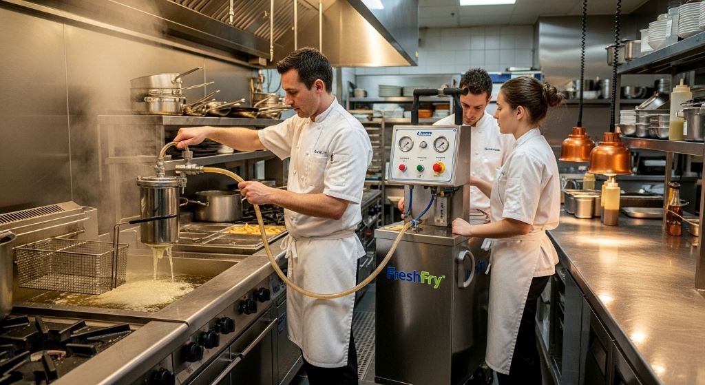 Restaurant kitchen staff operating portable oil filtration equipment to remove debris and extend cooking oil lifespan in commercial fryer