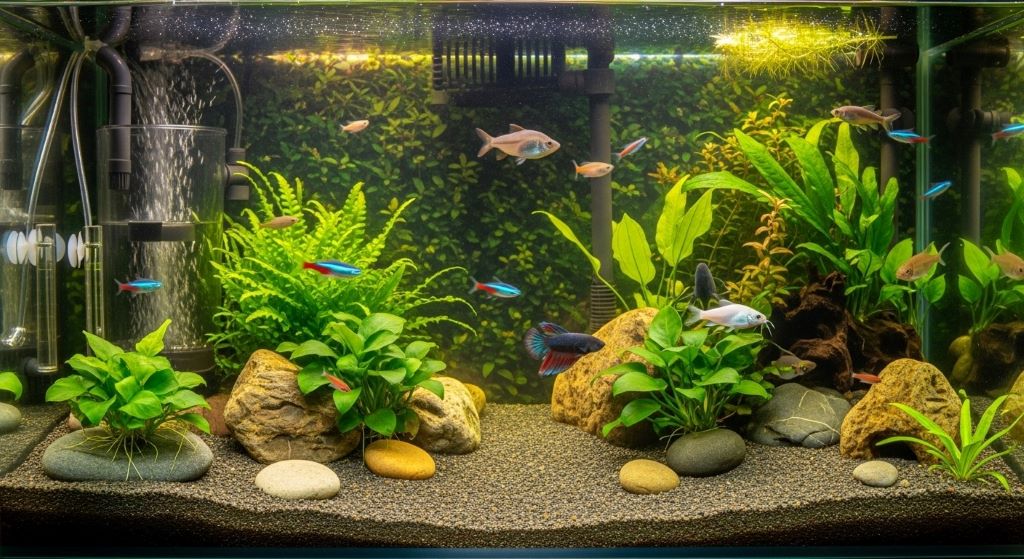 Healthy freshwater tank setup showing proper filtration, substrate, and calm fish species swimming among aquatic plants