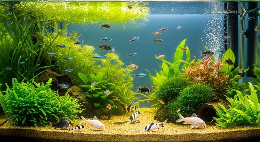 Peaceful community aquarium with colorful tetras, corydoras catfish, and live plants creating a balanced freshwater ecosystem
