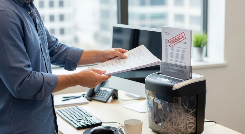 Office worker inserting confidential documents into compact desktop paper shredder with automatic feed system