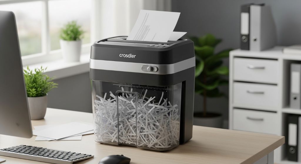 Modern cross-cut paper shredder in small office environment with transparent waste bin showing shredded documents