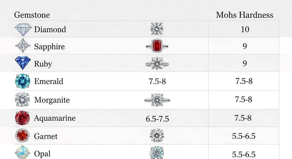 Comparison chart showing hardness ratings of popular engagement ring gemstones from diamonds to softer alternatives