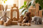 Wooden building blocks and natural fiber stuffed animals displayed as sustainable gift options for environmentally conscious children