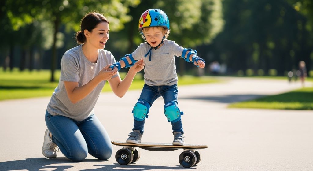 Young child aged three to four years learning to balance on wide-deck toddler skateboard with parent supervision