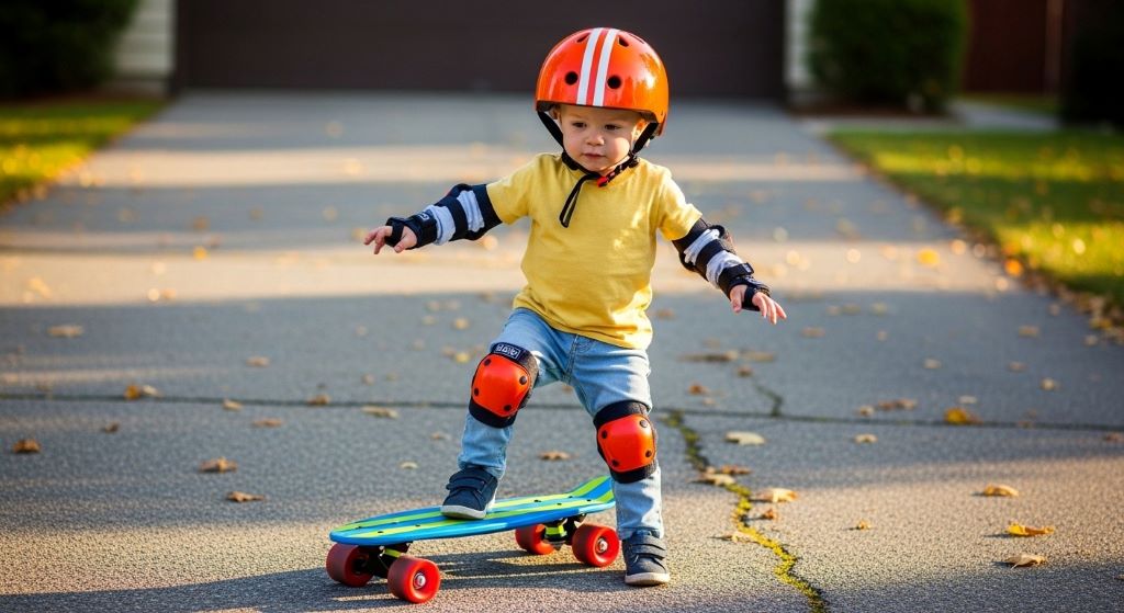Toddler wearing helmet and protective gear standing confidently on colorful beginner skateboard in driveway