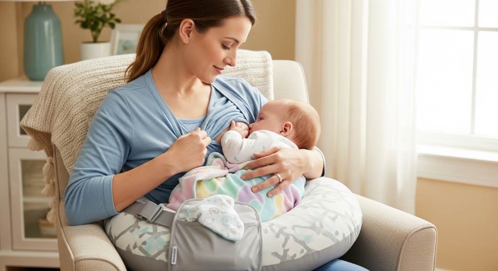New mom comfortably breastfeeding baby using My Brest Friend Deluxe nursing pillow with secure strap