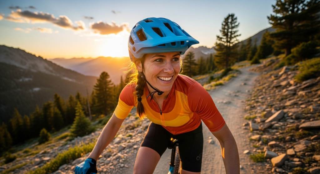 Rider smiling on mountain trail wearing well-ventilated comfortable bike helmet during sunset ride