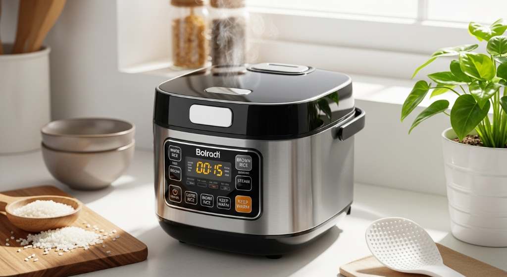 Small rice cooker with multiple settings displayed on digital panel during daily cooking session