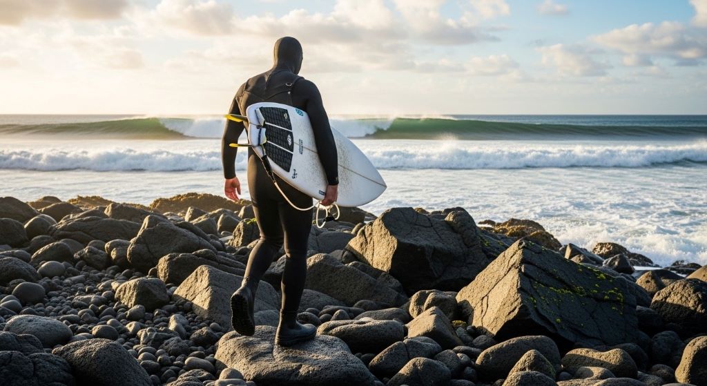 Surfer wearing heavy-duty surf boots walking across sharp volcanic rocks toward ocean waves