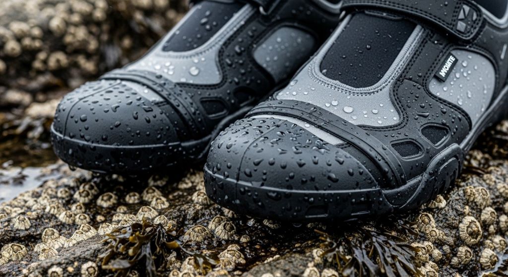 Close-up of reinforced surf shoes with protective toe cap on rocky reef surface showing durability features