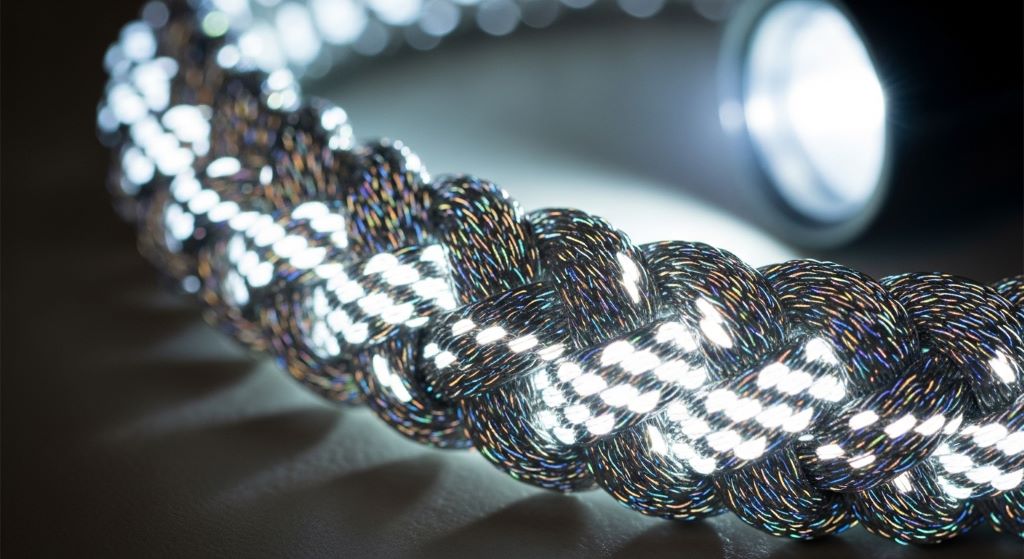Close-up of braided reflective dog leash glowing bright silver under flashlight beam showing high-visibility safety threading pattern