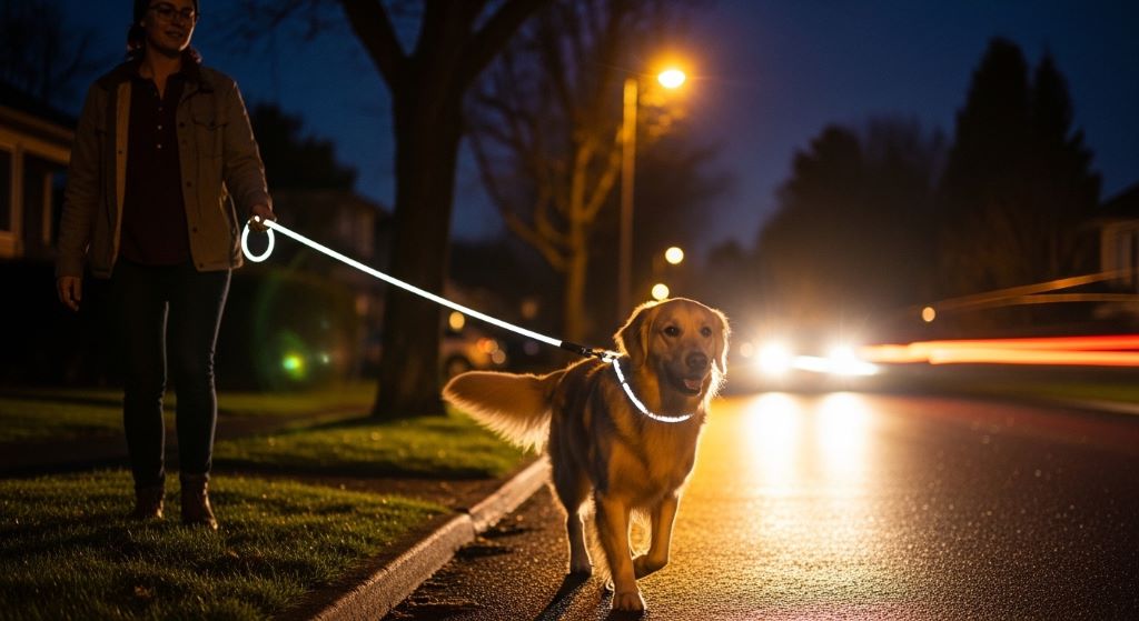 Dog owner walking golden retriever at night using bright reflective rope leash visible under streetlight with car headlights approaching