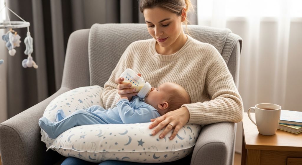 New mother using supportive feeding cushion while bottle feeding infant in comfortable position