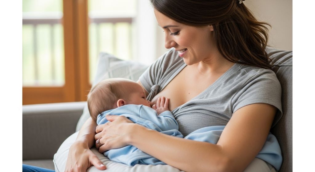 C-shaped nursing pillow wrapped around mother's waist supporting baby during breastfeeding session