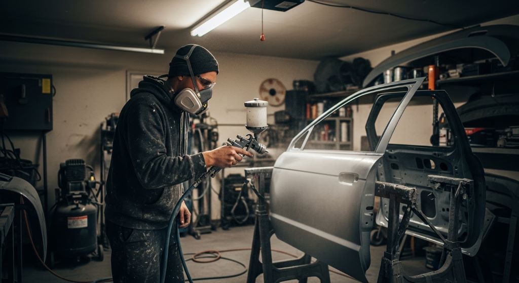 Person spray painting a car door panel with a budget HVLP spray gun in a home garage