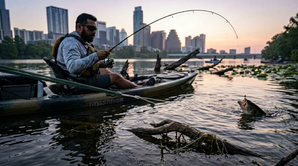 Bass fisherman tying fluorocarbon leader to braided line on a kayak during early morning fishing trip in Austin TX